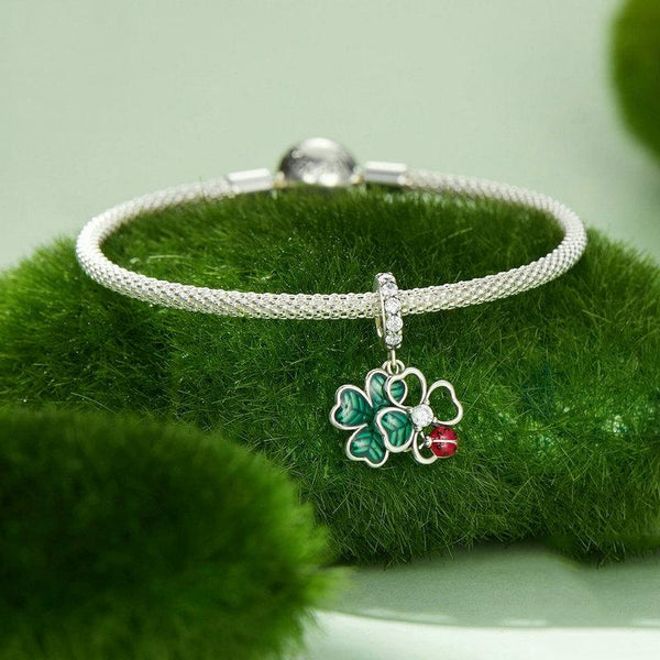 Four Leaf Clover Labybird Sterling Silver Bead Charm Bracelet Necklace
