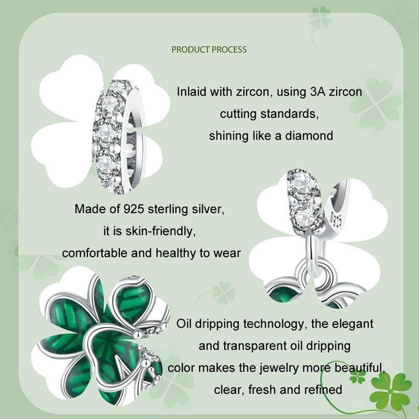 Four Leaf Clover Labybird Sterling Silver Bead Charm Bracelet Necklace