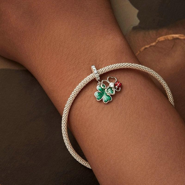 Four Leaf Clover Labybird Sterling Silver Bead Charm Bracelet Necklace
