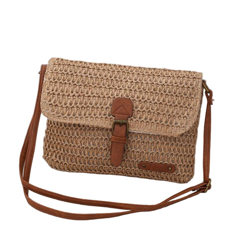 Faux Straw PU Leather Crossbody Shoulder Bag Adjustable Strap Khaki