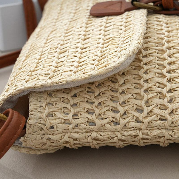 Faux Straw PU Leather Crossbody Shoulder Bag Adjustable Strap Khaki