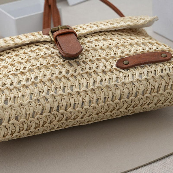 Faux Straw PU Leather Crossbody Shoulder Bag Adjustable Strap Khaki