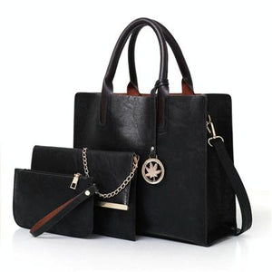 3 Pce Faux PU Leather Tote Crossbody Shoulder Clutch Bag Pouch Black