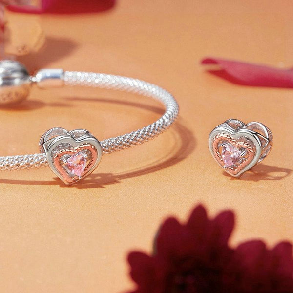 Crystal Rose Gold Heart Sterling Silver Zircon CZ Bead Charm Bracelet Necklace