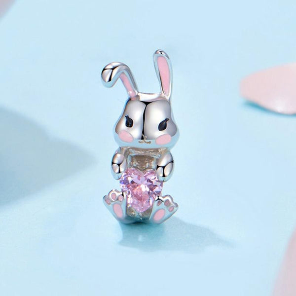 Easter Bunny Heart Sterling Silver Bead Charm Bracelet Necklace Pendant
