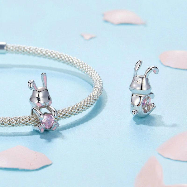 Easter Bunny Heart Sterling Silver Bead Charm Bracelet Necklace Pendant