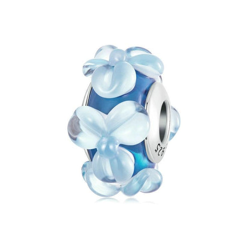 Blue Flowers Glass Sterling Silver Bead Charm Bracelet Necklace Pendant