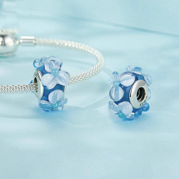 Blue Flowers Glass Sterling Silver Bead Charm Bracelet Necklace Pendant