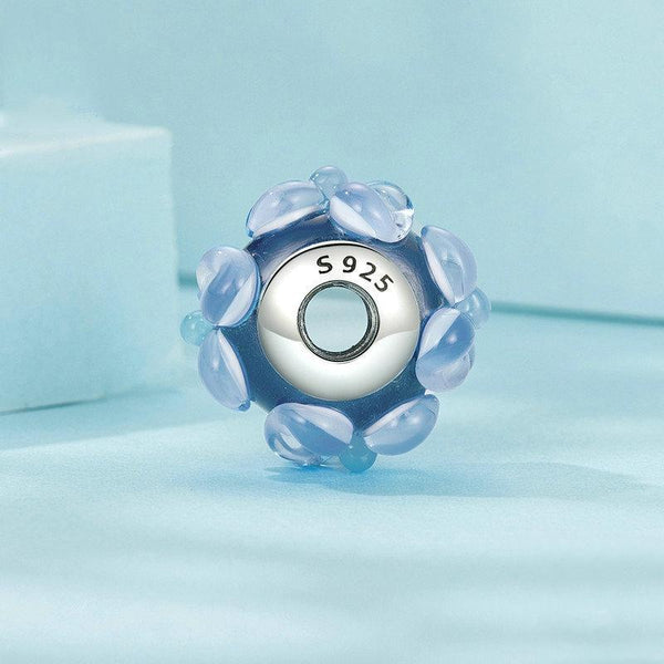 Blue Flowers Glass Sterling Silver Bead Charm Bracelet Necklace Pendant