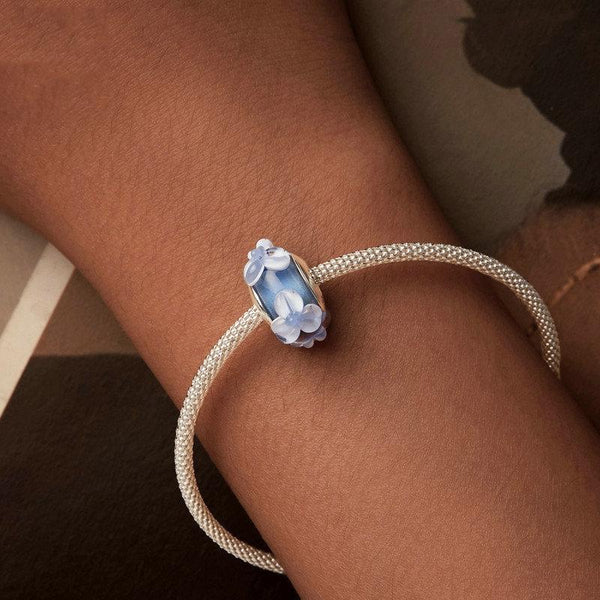 Blue Flowers Glass Sterling Silver Bead Charm Bracelet Necklace Pendant