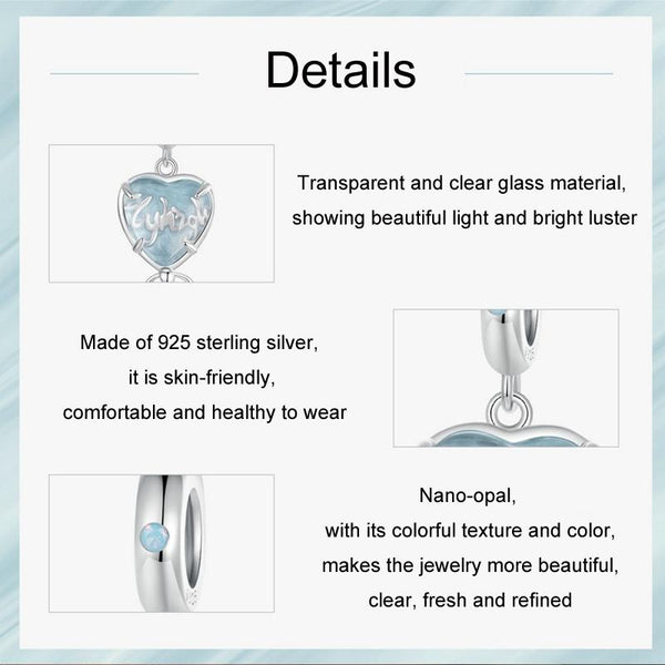 Blue Glass Heart Sterling Silver Bead Charm Bracelet Necklace Pendant