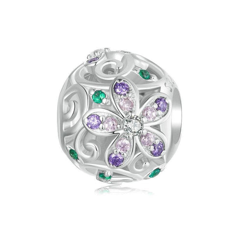 Floral Flowers Sterling Silver CZ Spacer Bead Charm Bracelet Necklace Pendant