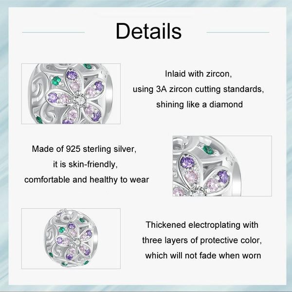 Floral Flowers Sterling Silver CZ Spacer Bead Charm Bracelet Necklace Pendant