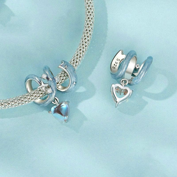 Starry Sky Heart Enamel Sterling Silver CZ Bead Charm Bracelet Necklace