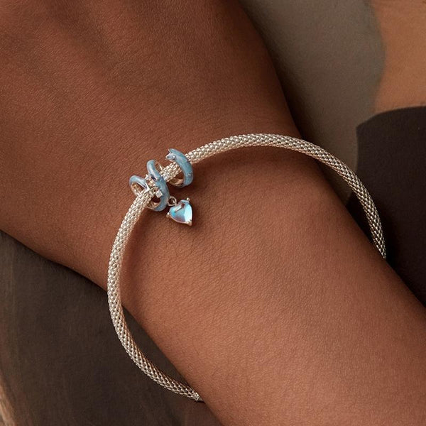 Starry Sky Heart Enamel Sterling Silver CZ Bead Charm Bracelet Necklace