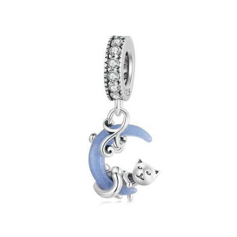 Luminous Moon Cat Sterling Silver CZ Bead Charm Bracelet Necklace Pendant