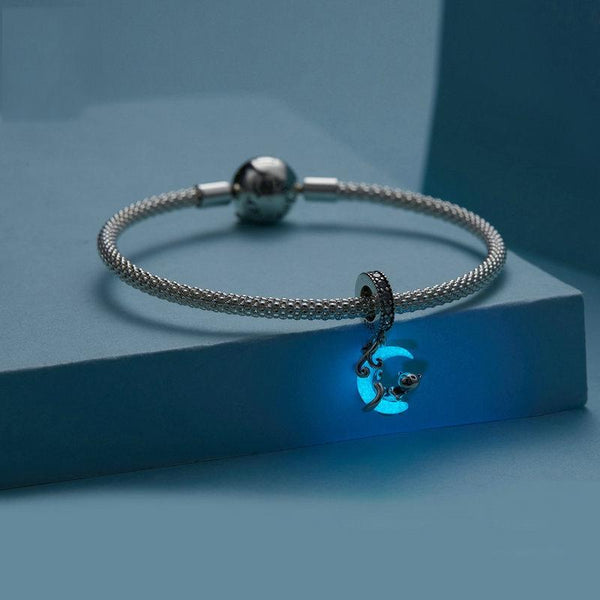 Luminous Moon Cat Sterling Silver CZ Bead Charm Bracelet Necklace Pendant