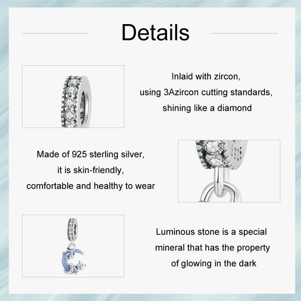 Luminous Moon Cat Sterling Silver CZ Bead Charm Bracelet Necklace Pendant
