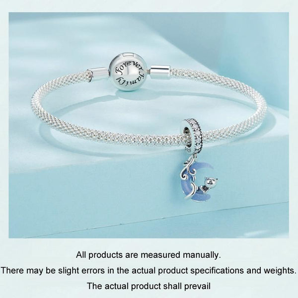 Luminous Moon Cat Sterling Silver CZ Bead Charm Bracelet Necklace Pendant
