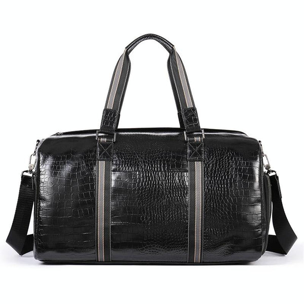 Genuine Leather Crocodile Print Duffel Travel Bag Wet Shoe Pocket Shoulder Strap Black