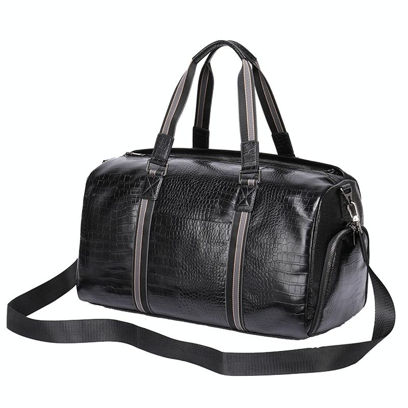 Genuine Leather Crocodile Print Duffel Travel Bag Wet Shoe Pocket Shoulder Strap Black