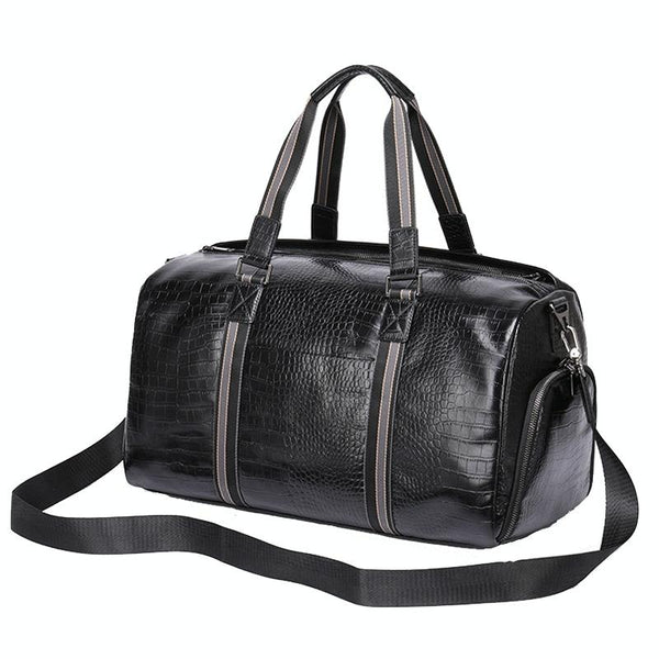 Genuine Leather Crocodile Print Duffel Travel Bag Wet Shoe Pocket Shoulder Strap Black