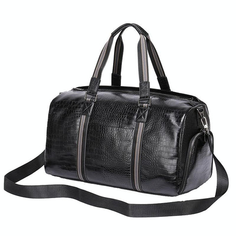 Genuine Leather Crocodile Print Duffel Travel Bag Wet Shoe Pocket Shoulder Strap Black