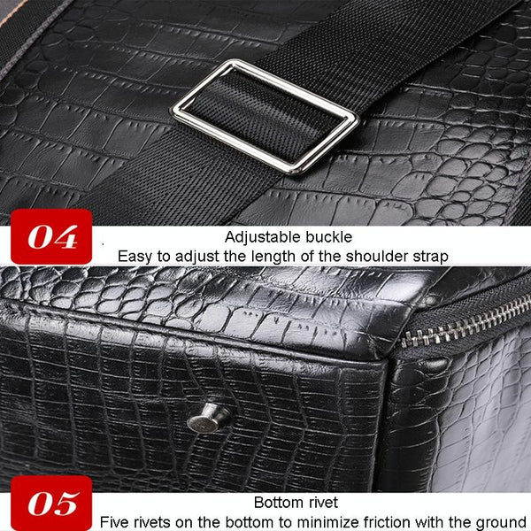 Genuine Leather Crocodile Print Duffel Travel Bag Wet Shoe Pocket Shoulder Strap Black