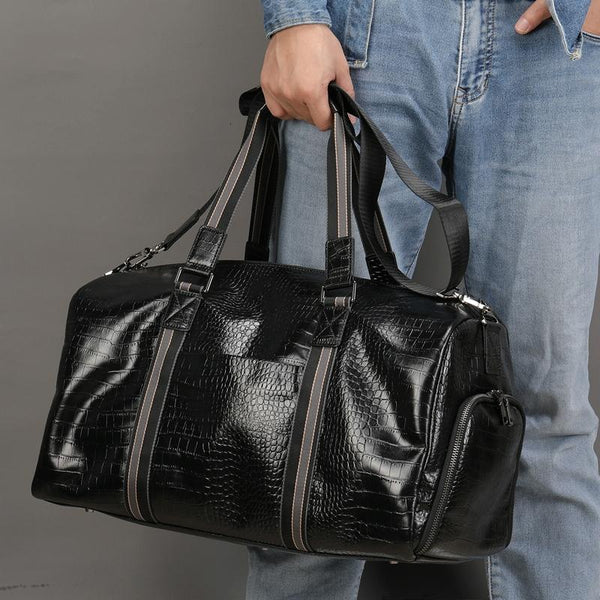 Genuine Leather Crocodile Print Duffel Travel Bag Wet Shoe Pocket Shoulder Strap Black