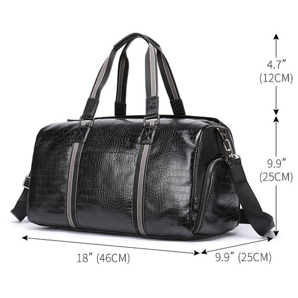 Genuine Leather Crocodile Print Duffel Travel Bag Wet Shoe Pocket Shoulder Strap Black
