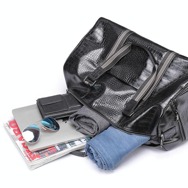 Genuine Leather Crocodile Print Duffel Travel Bag Wet Shoe Pocket Shoulder Strap Black