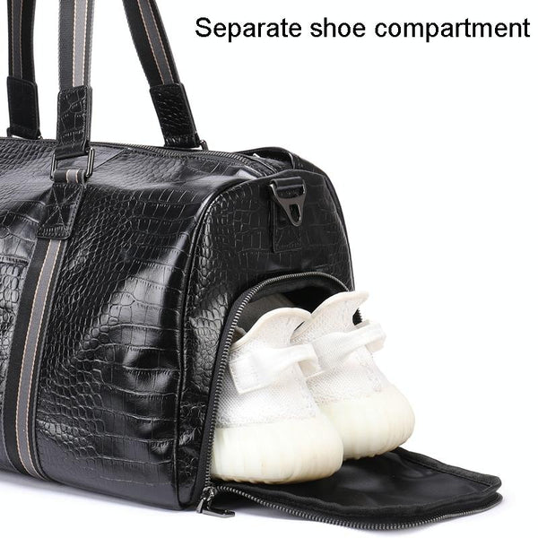 Genuine Leather Crocodile Print Duffel Travel Bag Wet Shoe Pocket Shoulder Strap Black