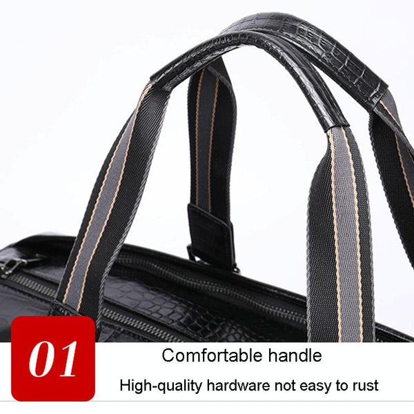 Genuine Leather Crocodile Print Duffel Travel Bag Wet Shoe Pocket Shoulder Strap Black