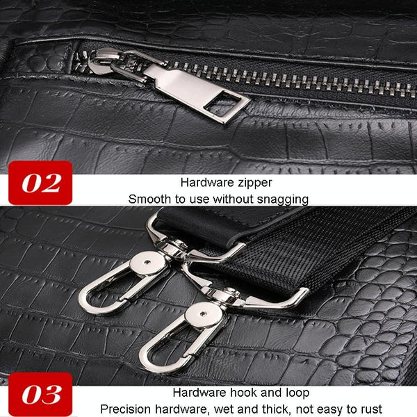 Genuine Leather Crocodile Print Duffel Travel Bag Wet Shoe Pocket Shoulder Strap Black