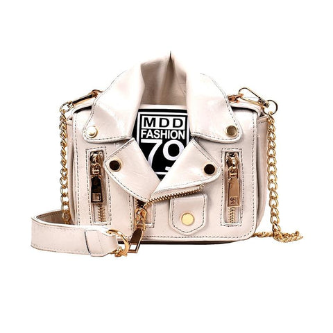 Faux PU Leather Biker Jacket Style Crossbody Shoulder Bag Handbag Off White