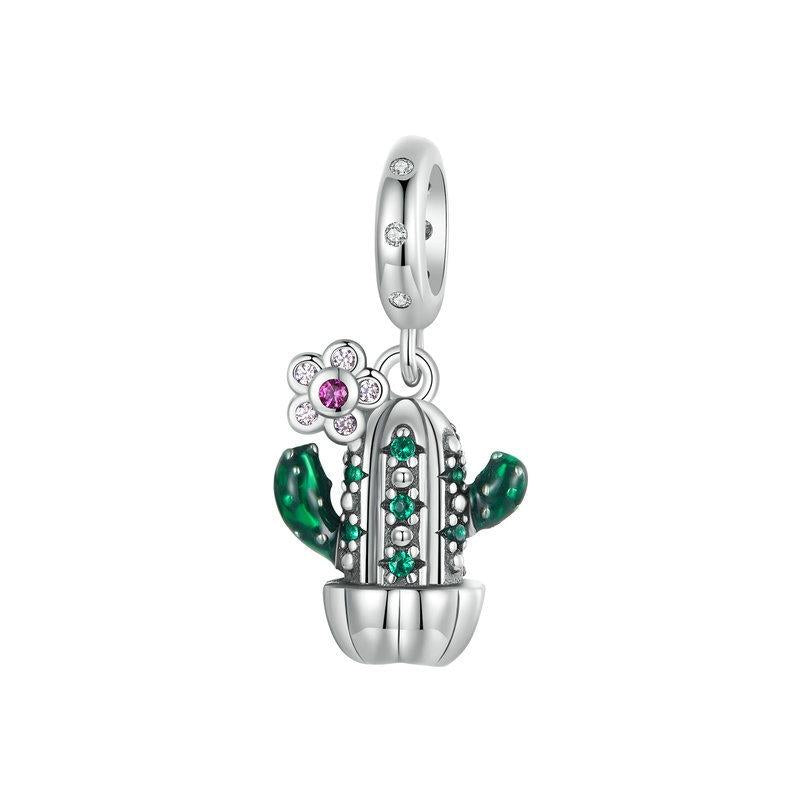 Potted Cactus Enamel Sterling Silver Bead Charm Bracelet Necklace