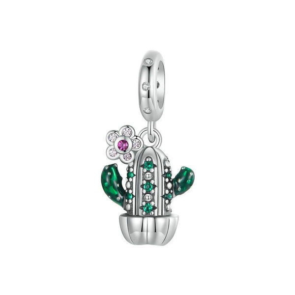 Potted Cactus Enamel Sterling Silver Bead Charm Bracelet Necklace