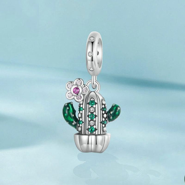 Potted Cactus Enamel Sterling Silver Bead Charm Bracelet Necklace