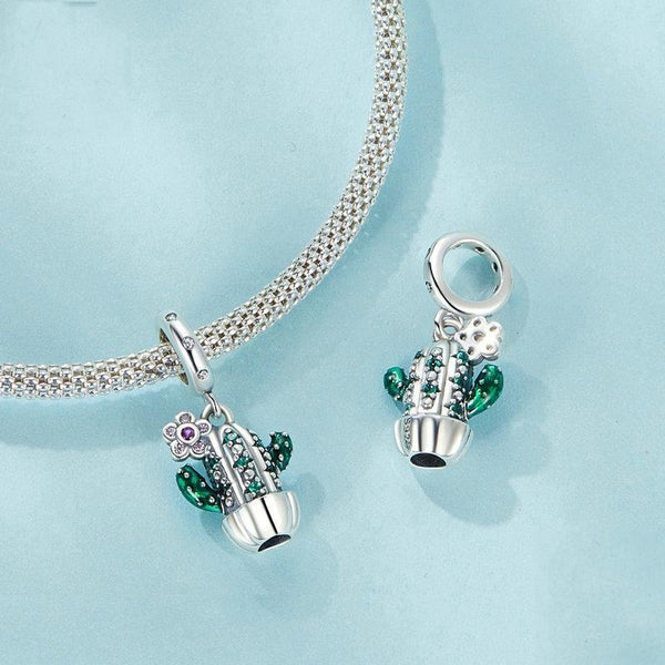 Potted Cactus Enamel Sterling Silver Bead Charm Bracelet Necklace