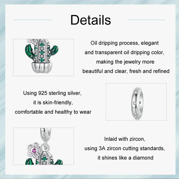 Potted Cactus Enamel Sterling Silver Bead Charm Bracelet Necklace