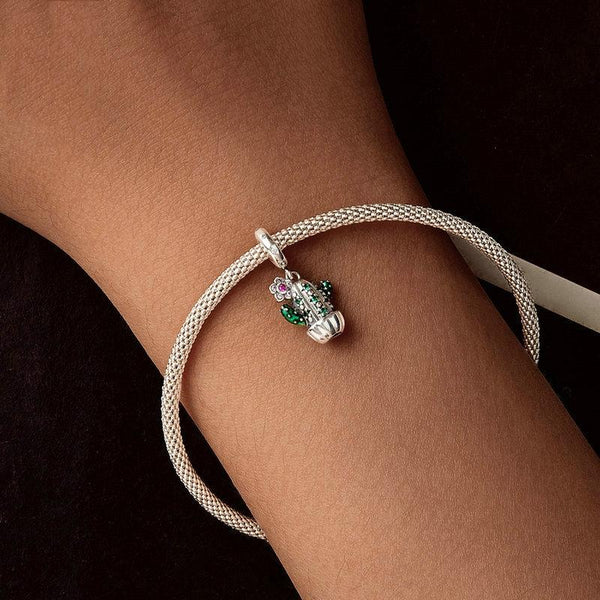 Potted Cactus Enamel Sterling Silver Bead Charm Bracelet Necklace
