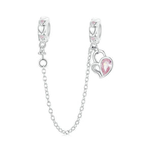 Love Heart Platinum Plated Sterling Silver CZ Safety Chain For Bracelet