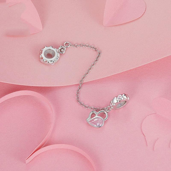 Love Heart Platinum Plated Sterling Silver CZ Safety Chain For Bracelet