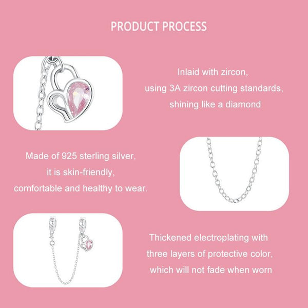 Love Heart Platinum Plated Sterling Silver CZ Safety Chain For Bracelet