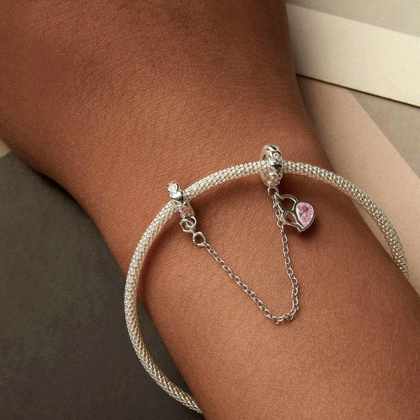 Love Heart Platinum Plated Sterling Silver CZ Safety Chain For Bracelet