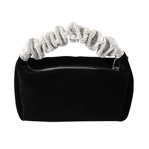 Velvet Evening Party Clutch Handbag Bag Crystal Handle Black