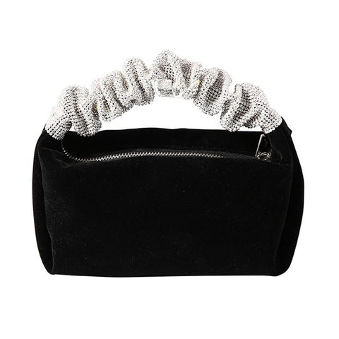 Velvet Evening Party Clutch Handbag Bag Crystal Handle Black