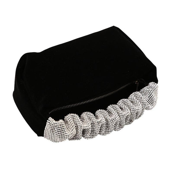 Velvet Evening Party Clutch Handbag Bag Crystal Handle Black