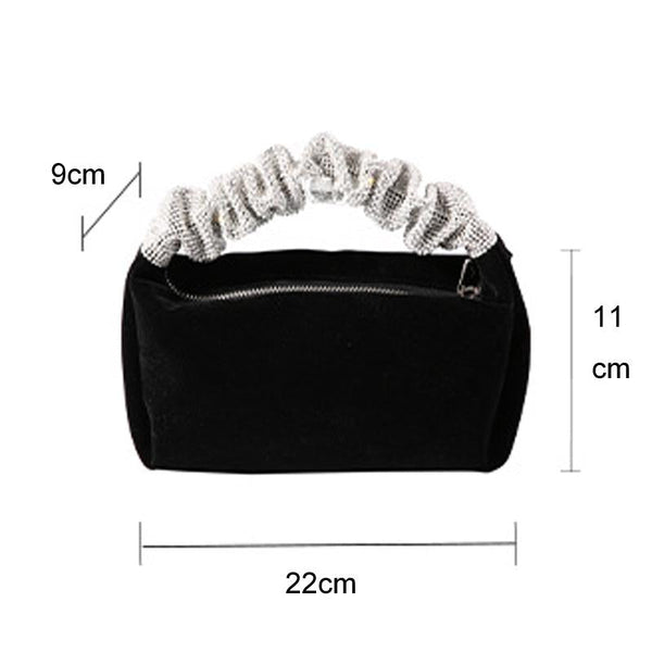 Velvet Evening Party Clutch Handbag Bag Crystal Handle Black
