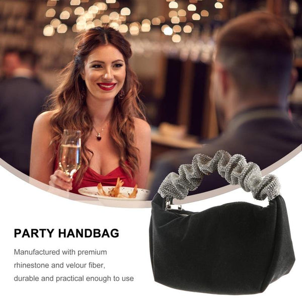 Velvet Evening Party Clutch Handbag Bag Crystal Handle Black